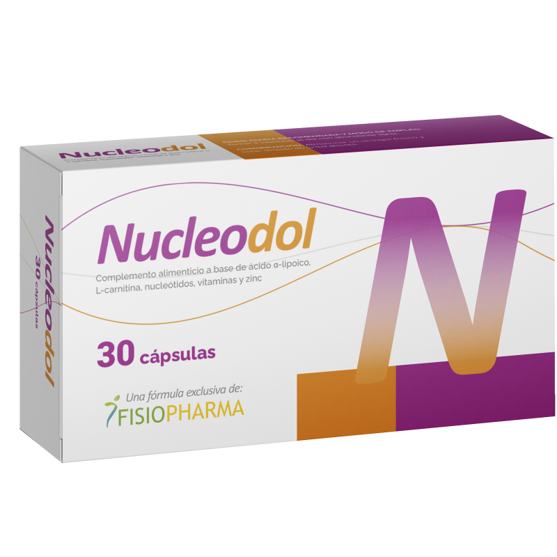 Caja de Nucleodol, complemento alimenticio natural con 30 cápsulas, exhibido en Farmaxpert