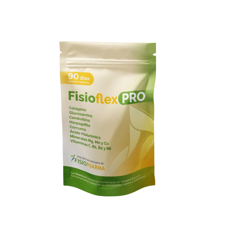 "Envase de Fisioflex PRO en formato doypack con diseño verde y amarillo. Suplemento nutricional para articulaciones con colágeno, glucosamina, condroitina, cúrcuma, ácido hialurónico y vitaminas. Fórmula exclusiva de FisioPharma, edición especial de 90 días."