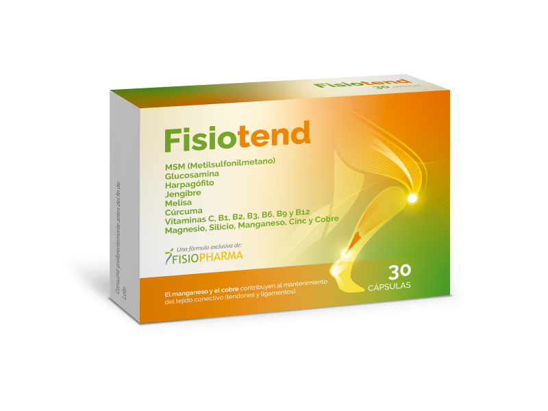 Caja de Fisiotend, complemento alimenticio de Fisiopharma con 30 cápsulas, formulado con MSM, glucosamina, harpagófito, jengibre, melisa, cúrcuma, vitaminas (C, B1, B2, B3, B6, B9, B12) y minerales (magnesio, silicio, manganeso, cinc y cobre) para el cuidado de tendones y ligamentos.