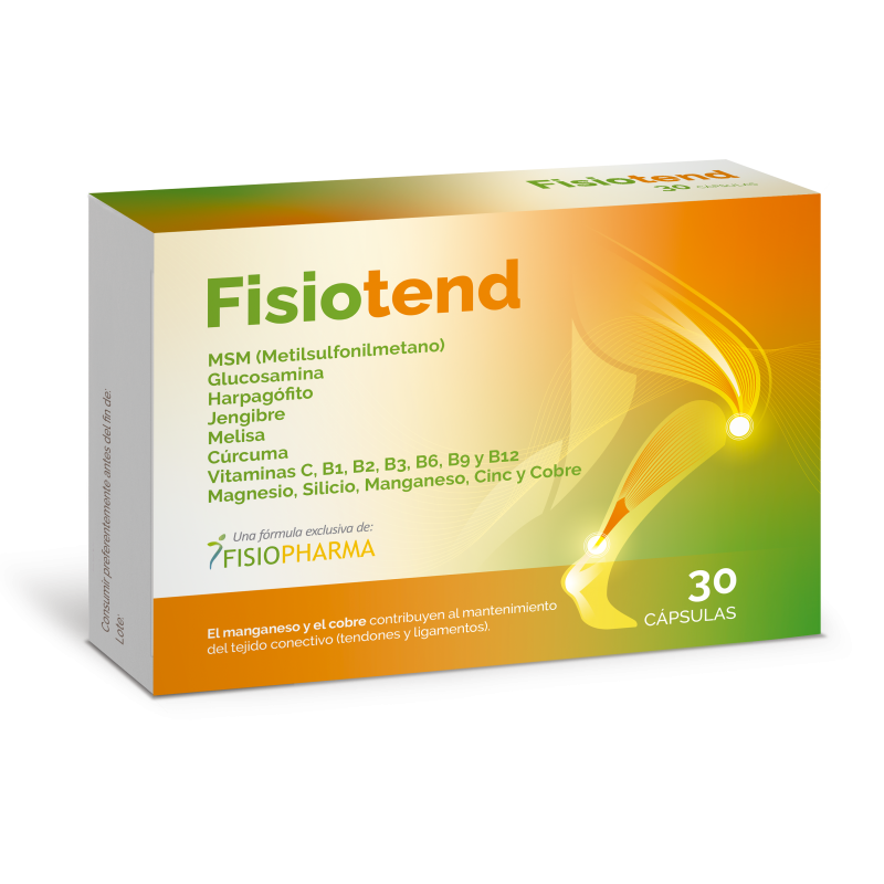 Caja de Fisiotend, complemento alimenticio de Fisiopharma con 30 cápsulas, formulado con MSM, glucosamina, harpagófito, jengibre, melisa, cúrcuma, vitaminas (C, B1, B2, B3, B6, B9, B12) y minerales (magnesio, silicio, manganeso, cinc y cobre) para el cuidado de tendones y ligamentos.