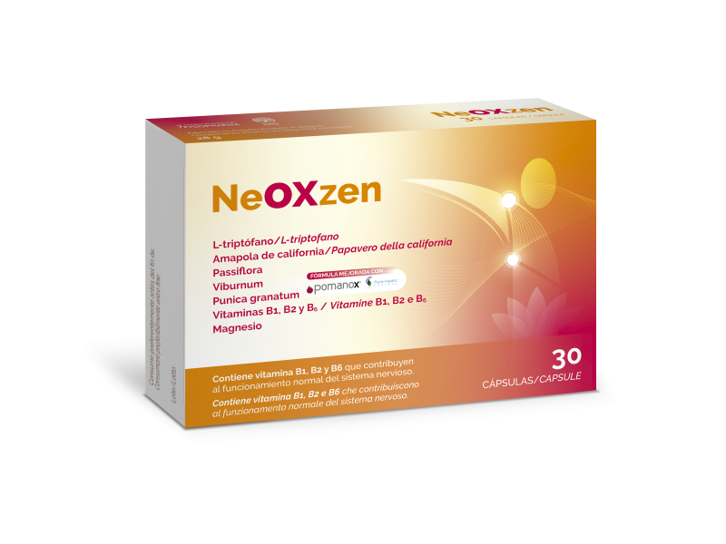 Envase de NeOXzen, complemento alimenticio en formato de 30 cápsulas, con L-triptófano, Amapola de California, Pasiflora, Viburnum, Magnesio y vitaminas B1, B2 y B6, formulado con PomanoX y Pure-Hydrox, indicado para favorecer el bienestar y el funcionamiento normal del sistema nervioso.