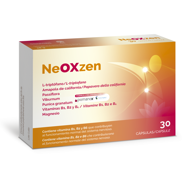 Envase de NeOXzen, complemento alimenticio en formato de 30 cápsulas, con L-triptófano, Amapola de California, Pasiflora, Viburnum, Magnesio y vitaminas B1, B2 y B6, formulado con PomanoX y Pure-Hydrox, indicado para favorecer el bienestar y el funcionamiento normal del sistema nervioso.