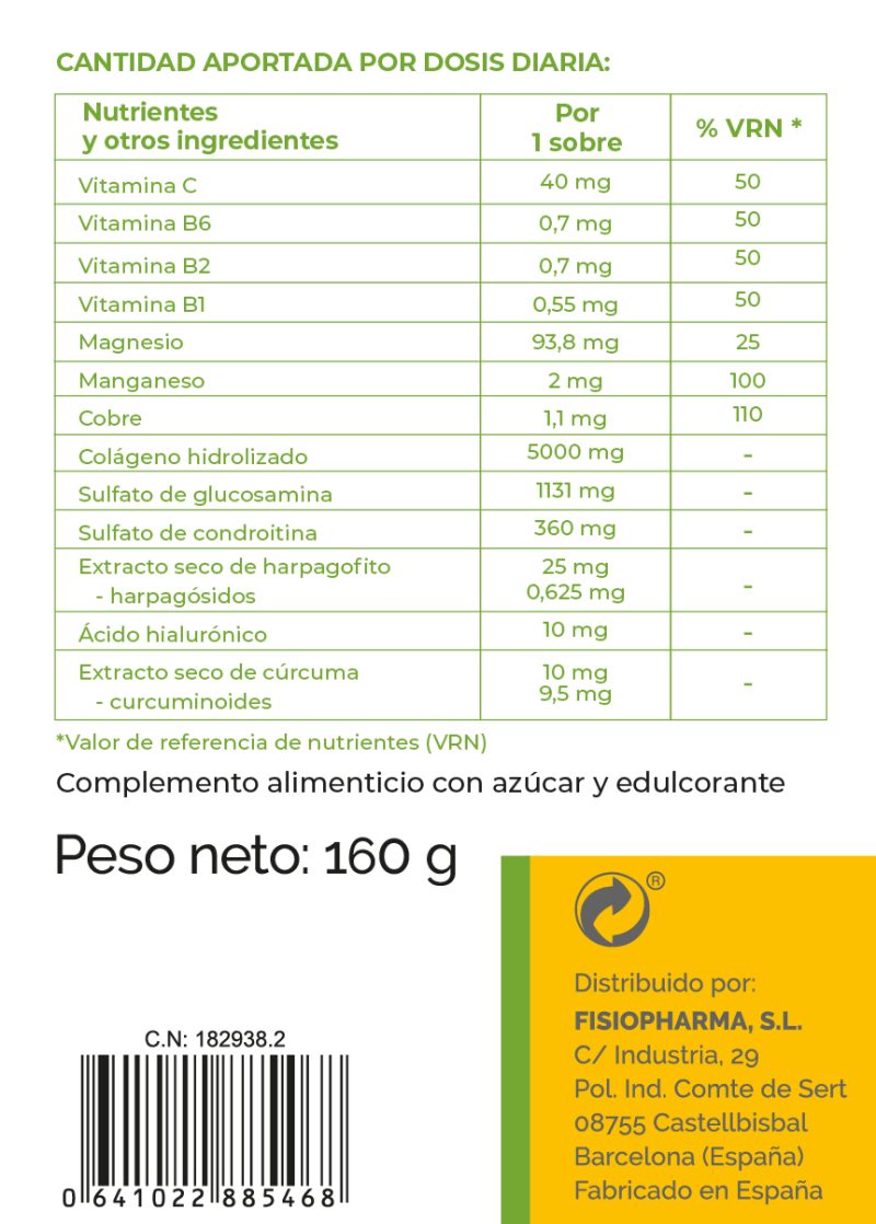 Etiqueta detallada de Fisioflex Pro con ingredientes y valores nutricionales por dosis diaria, peso neto y fabricante.