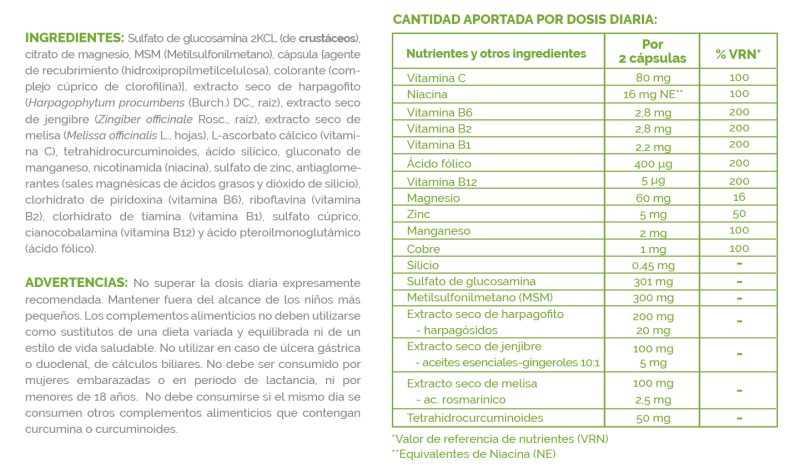 Etiqueta de Fisiotend mostrando ingredientes, advertencias y cantidades de nutrientes por dosis diaria.