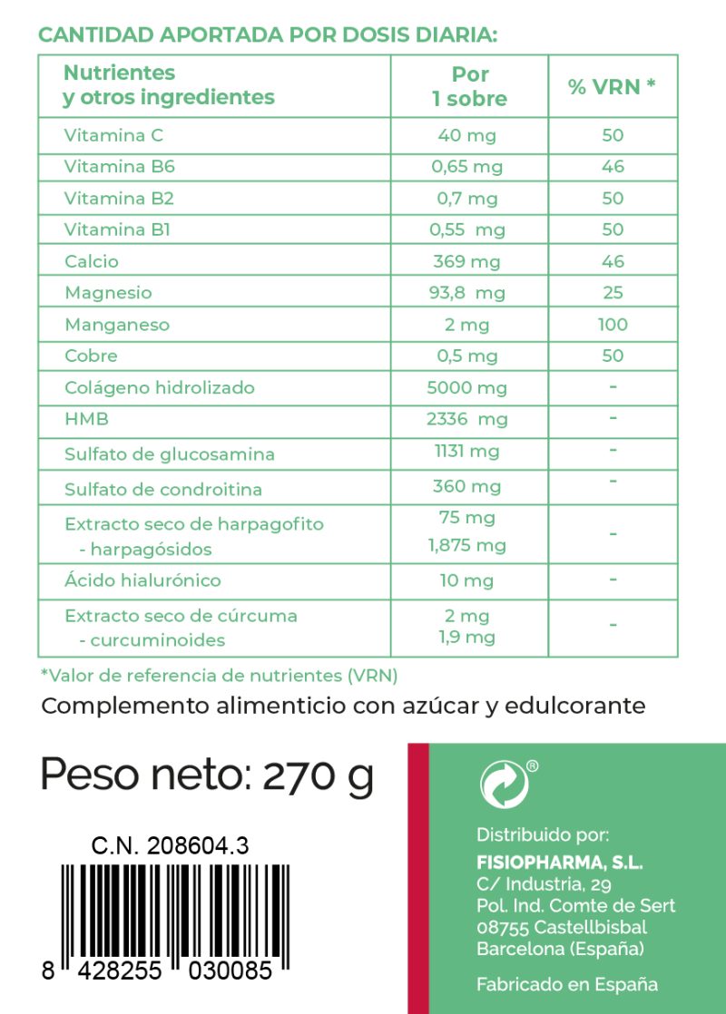 Tabla nutricional del Hmbflex, complemento con vitaminas y minerales, resaltando ingredientes y valores diarios recomendados.