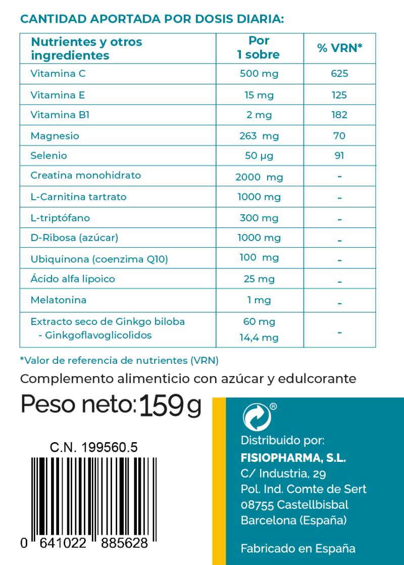 Etiqueta del producto Myolax mostrando información nutricional y dosis diaria con vitaminas y minerales