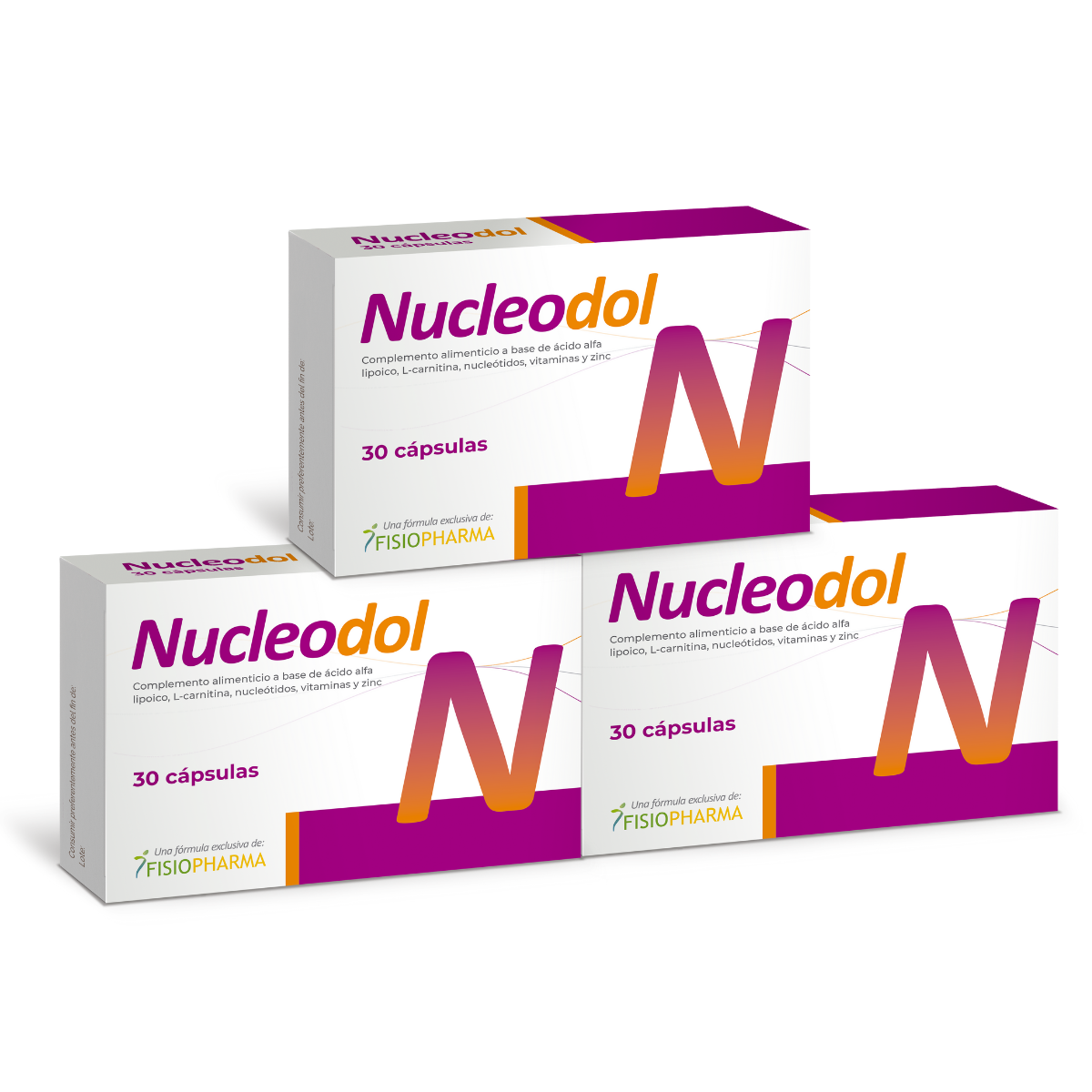 Three boxes of Nucleodol dietary supplement displayed on a white background. The packaging is white with purple and orange accents, featuring a large stylized letter “N.” The front label reads “Nucleodol,” “30 cápsulas,” and indicates it is a nutritional supplement, with the FisioPharma logo visible on each box.