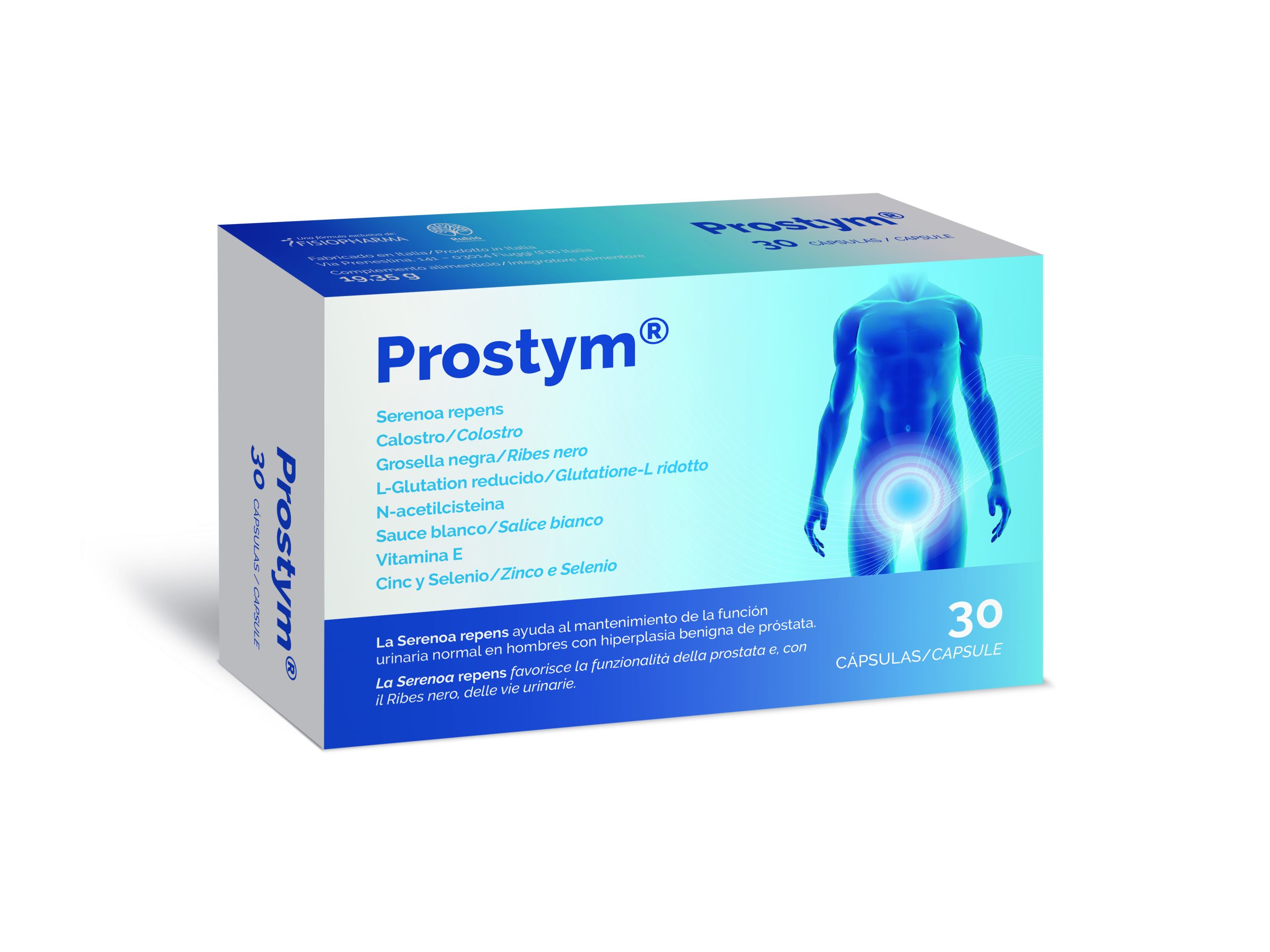 Caja de Prostym, un complemento alimenticio para la salud prostática masculina. El envase muestra la marca Prostym y destaca que contiene 30 cápsulas. Se indican ingredientes como Serenoa repens, calostro, grosella negra, glutatión reducido, N-acetilcisteína, sauce blanco, vitamina E, zinc y selenio. En la caja aparece la silueta de un hombre con un efecto visual sobre la zona pélvica, señalando el área de la próstata. El texto resalta el apoyo a la función urinaria normal en hombres con hiperplasia benigna de próstata.